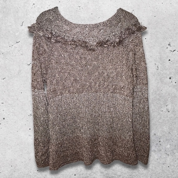 White House Black Market Sequin Sweater Boat-Neck Fringe Mink/Metallic Taupe W L - Picture 4 of 14